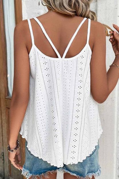 Witte tanktop met ronde hals en oogjes met bandjes