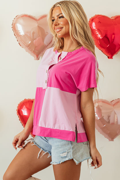 Roze tweekleurige halve knoppen Collared t -shirt