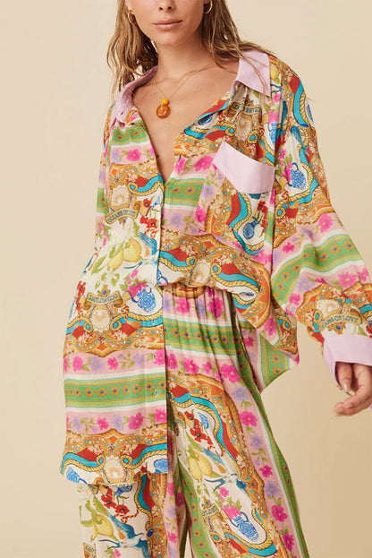 Multicolour boho bloemenprint geknoopte shirtjurk met lange mouwen