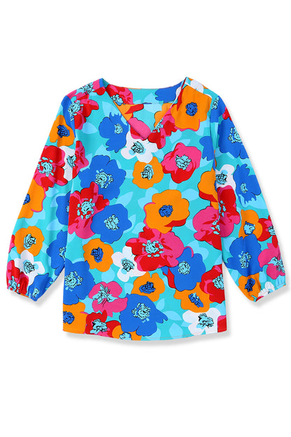 Blouse met veelkleurige bloemenprint, V-hals en 3/4 mouwen