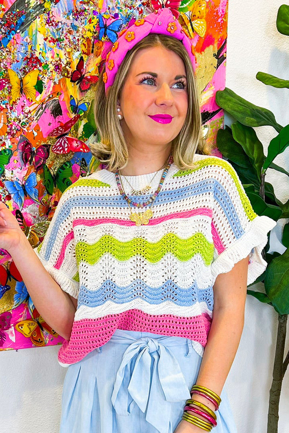 Witte colorblock gehaakte trui met ruches en korte mouwen