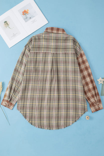 Bruin multi-geruit casual overhemd met ruwe rand en patchwork