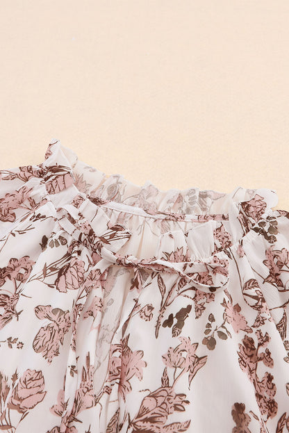 Boho bloemenprint blouse met split-V-hals en bubbelmouwen