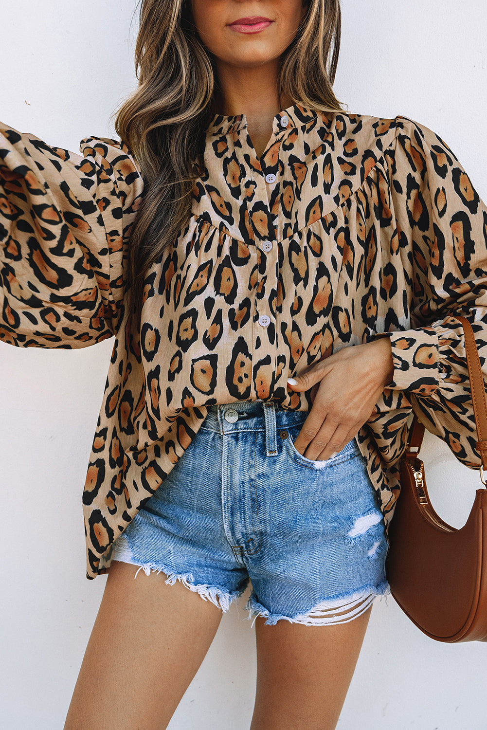 Licht Frans beige oversized luipaard print ballon mouw casual shirt