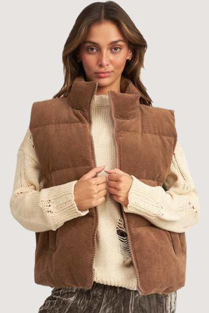 Koffie corduroy standaard nek ritssluiting puffer vest