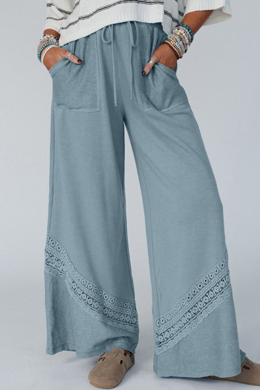 Schemering blauw kanten haakpatel gepatchte veterhoge taille wijd been broek