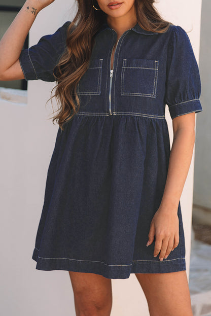 Vuil blauw ritssluiting met collared collared short puff mouw denimjurk