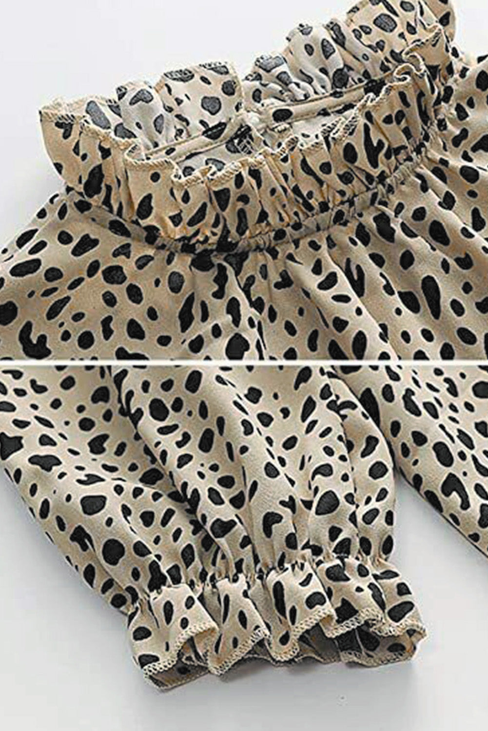 Kaki Cheetah-blouse met 3/4 mouwen en ruches aan de hals