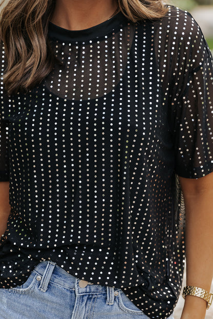 Zwart transparant T-shirt met lage schouder en pailletten