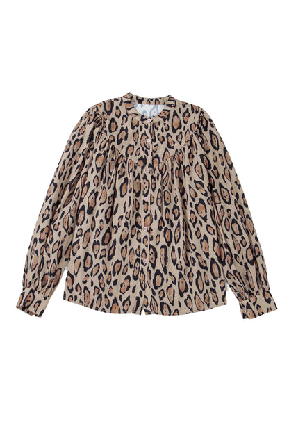 Licht Frans beige oversized luipaard print ballon mouw casual shirt