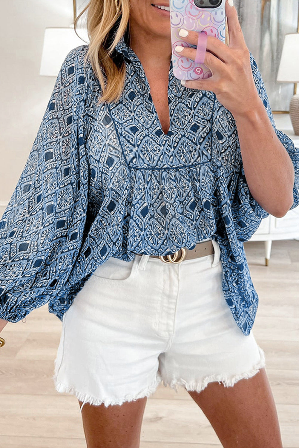 Hemelblauw westerse geometrische print fromed v nek losse fit blouse