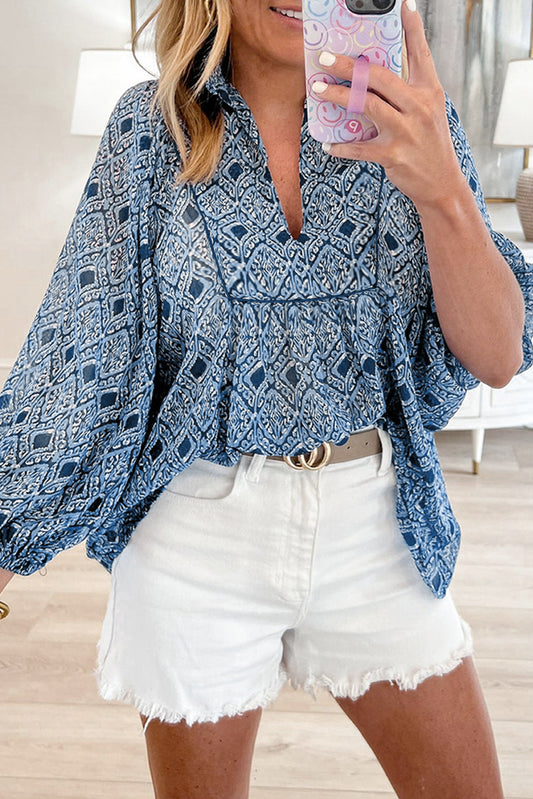 Hemelblauw westerse geometrische print fromed v nek losse fit blouse