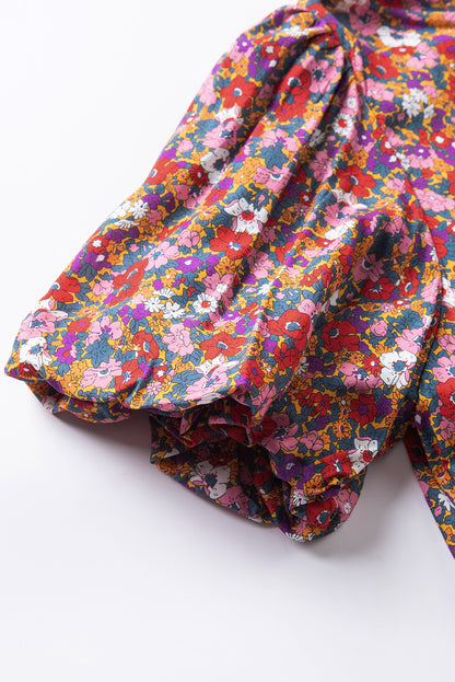Paarse bloemenprint geknoopte blouse met hoge hals en pofmouwen