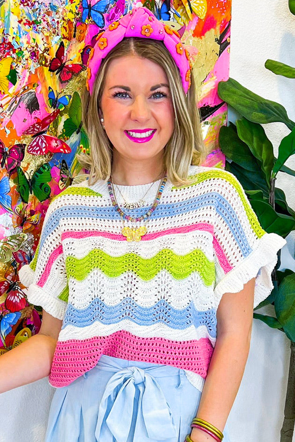 Witte colorblock gehaakte trui met ruches en korte mouwen