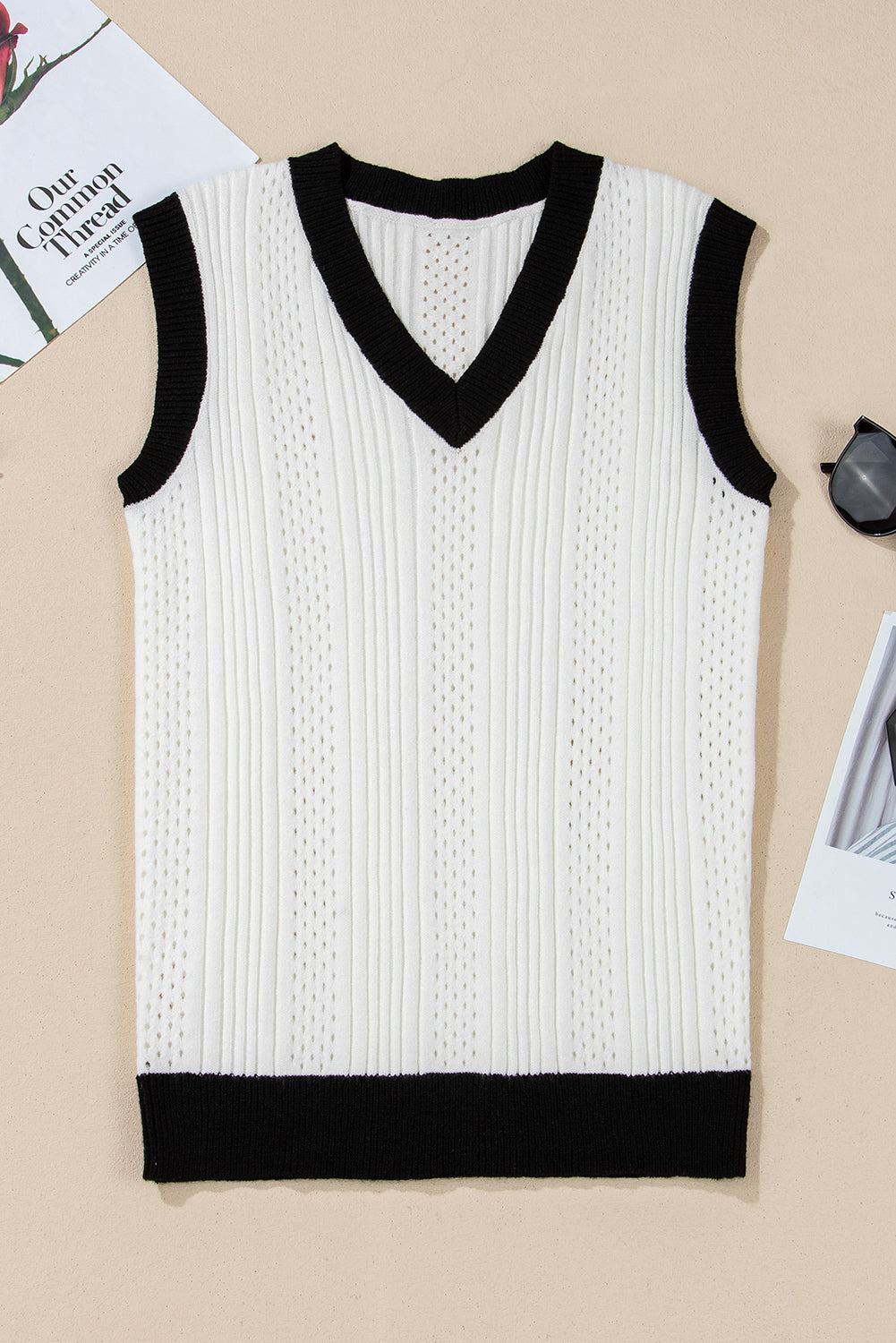 Wit contrast trim eyelet gebreide kleurblok v nek trui vest