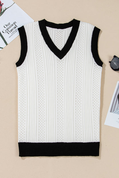 Wit contrast trim eyelet gebreide kleurblok v nek trui vest