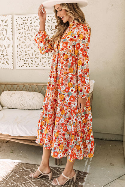 Veelkleurige Boho gebloemde jurk met lange mouwen en ruches