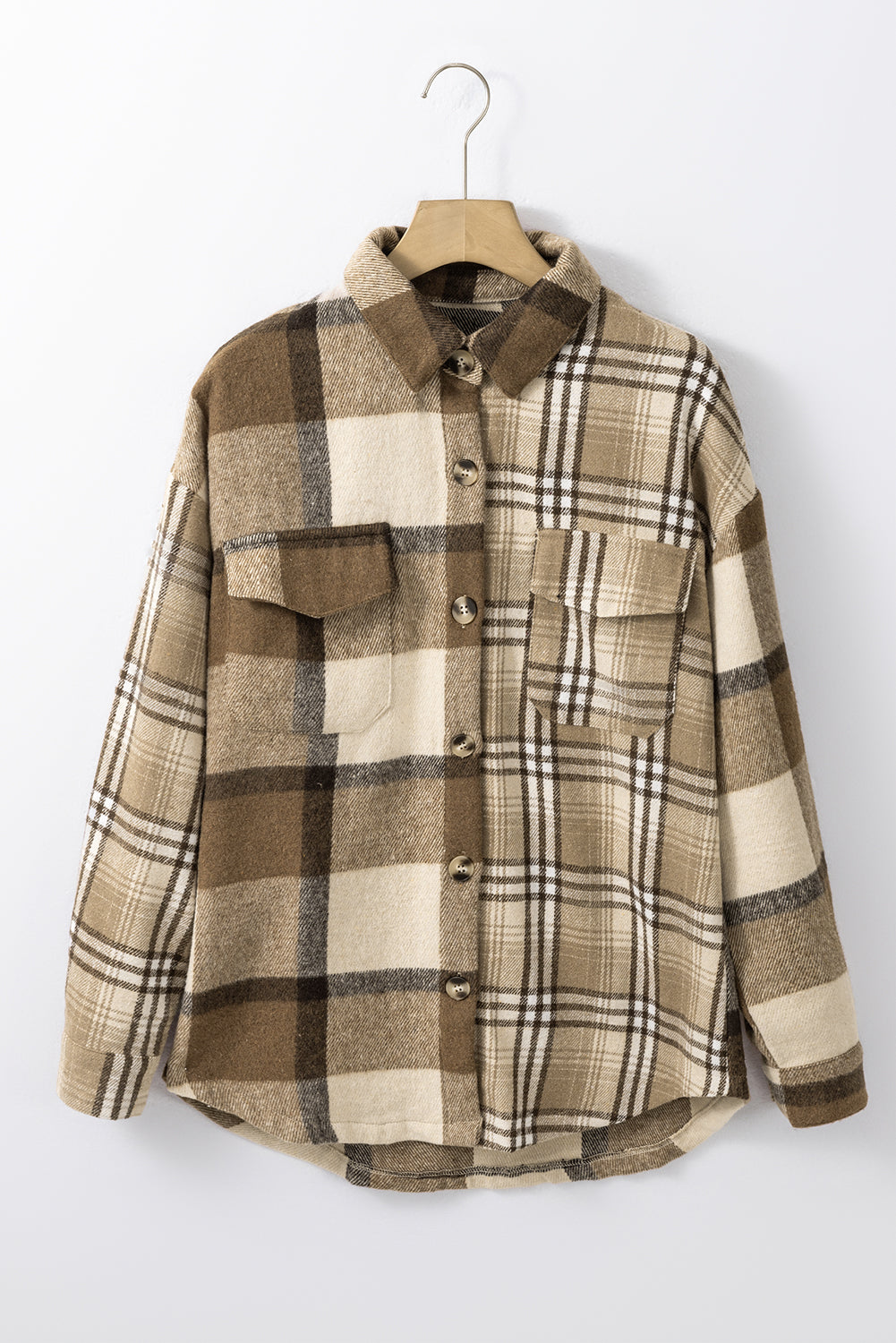 Perkament contrasterende geruite patchwork klepzak-shacket