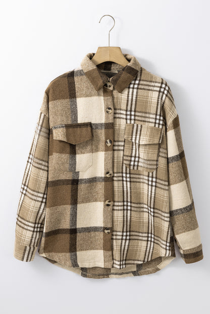 Perkament contrasterende geruite patchwork klepzak-shacket