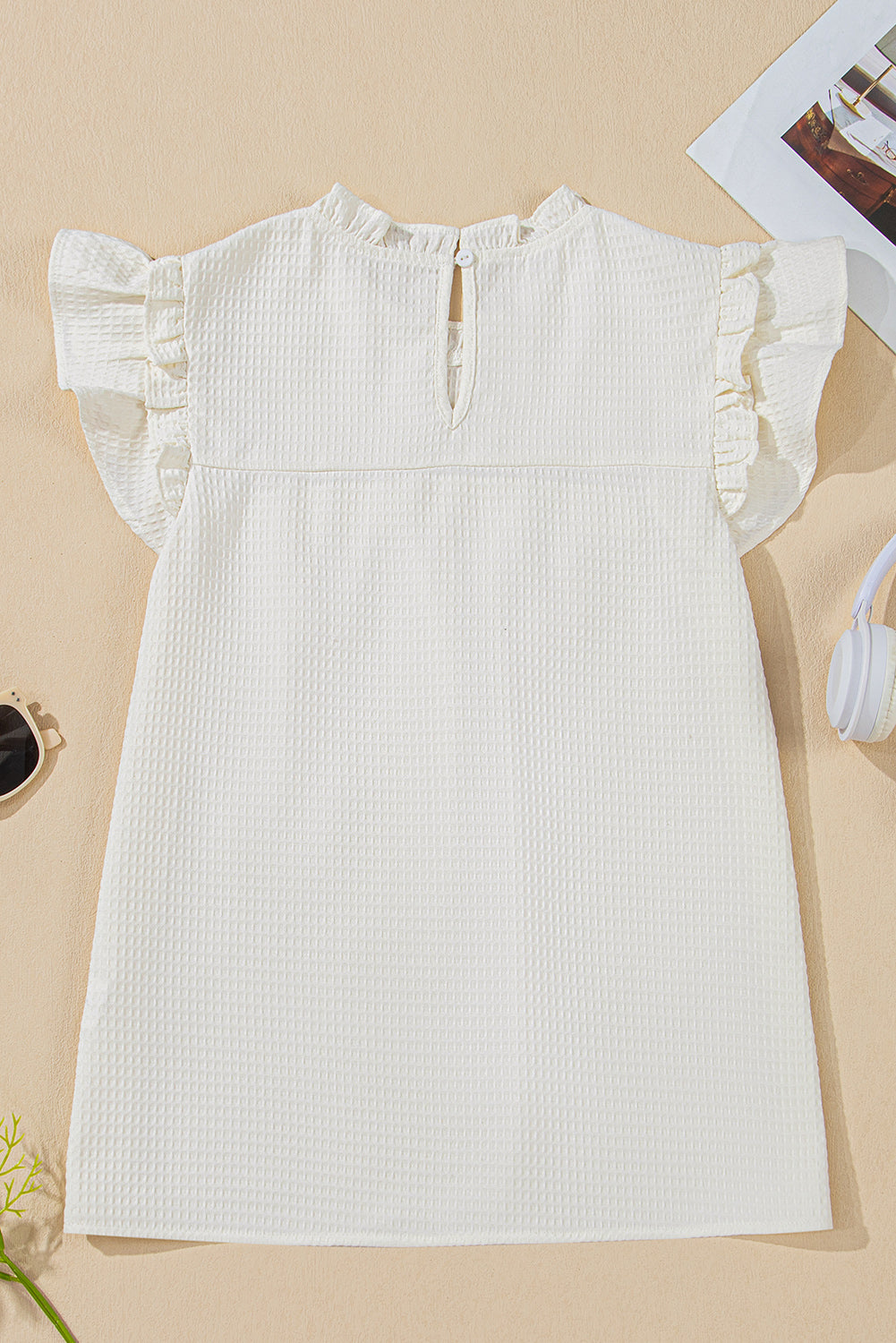 Witte vaste kleur ruches trim wafel gebreide blouse
