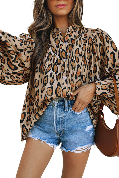 Licht Frans beige oversized luipaard print ballon mouw casual shirt
