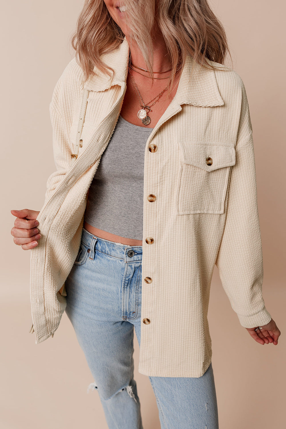 Havermout Corduroy Flap Pocket Button Up Shacket