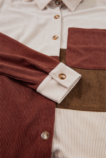 Kaneel Colorblock Corduroy shacket met gebogen zoom en zak