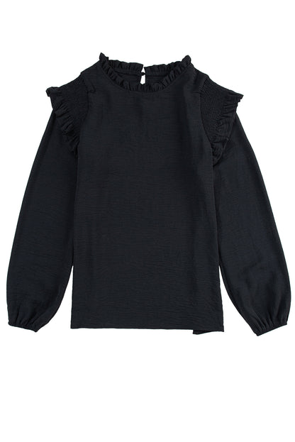 Zwarte blouse met ruches en ruches en bubbelmouwen