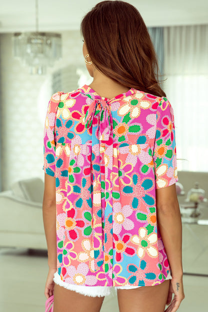 Paarse boho bloemenprint top met korte mouwen en bladerdeeg