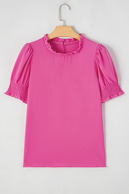 Rose effen kleur gesmokte blouse met pofmouwen