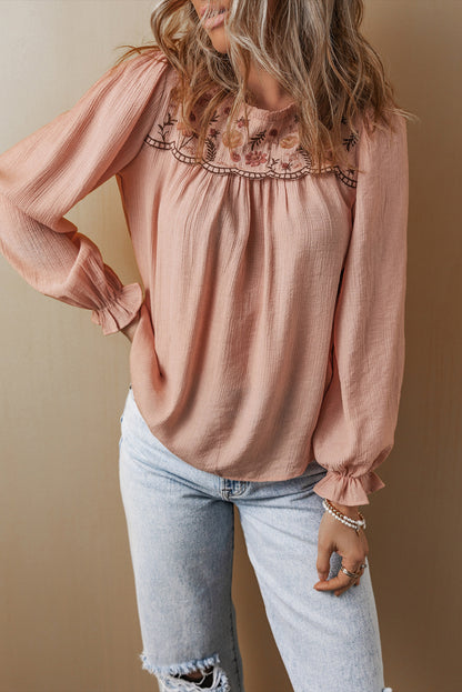 Gossamer Pink bloemen geborduurde textured founce mouw elegante blouse
