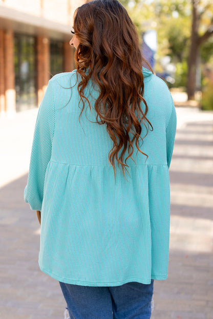 Turquoise cordrd ballon mouw kraag plus babydoll top