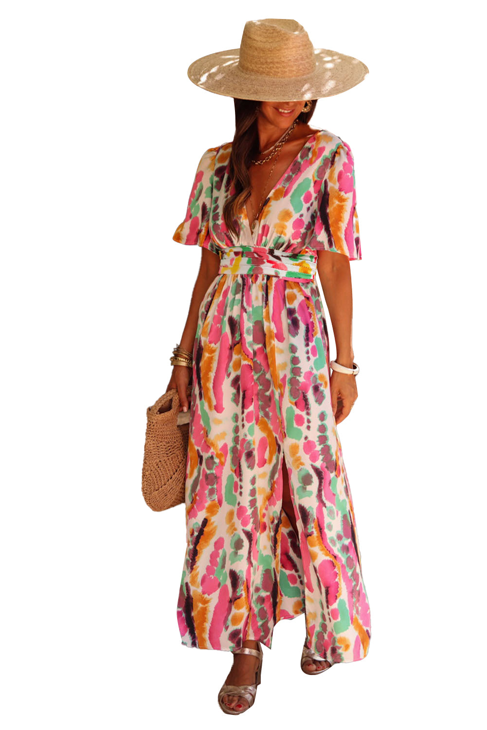 Roze maxi-jurk met boho tie-dye print en V-hals