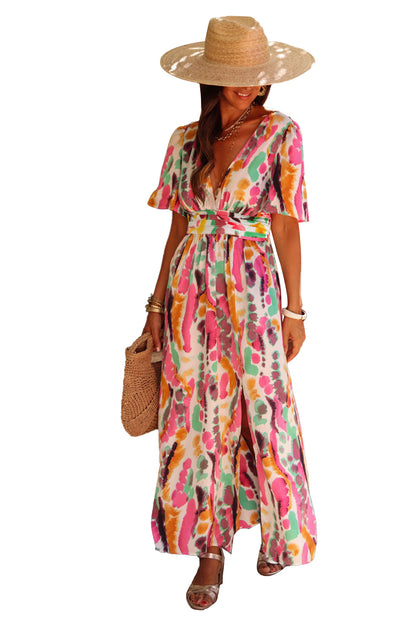Roze maxi-jurk met boho tie-dye print en V-hals
