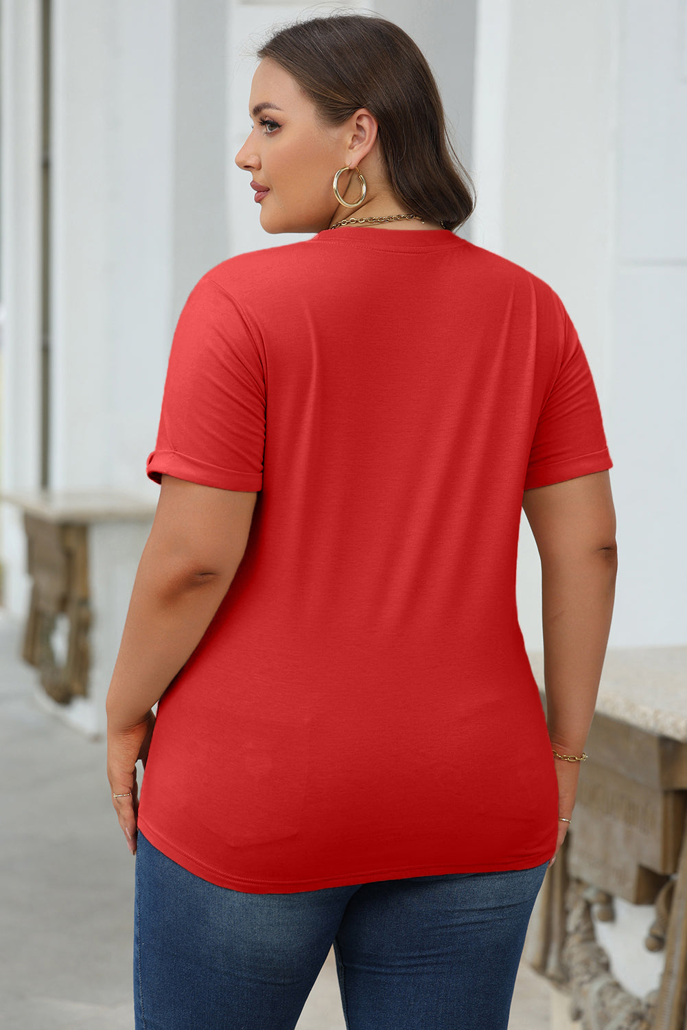 Rood casual effen T-shirt met ronde hals