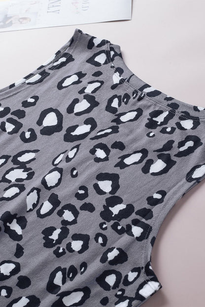 Grijze tanktop met ronde hals en luipaardprint