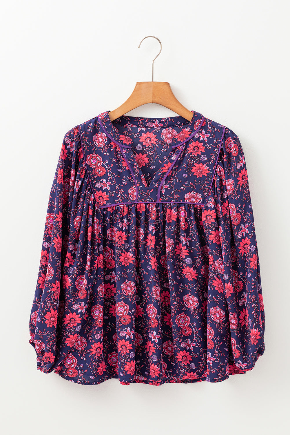 Paarse bloemen halve mouw splithals blouse top