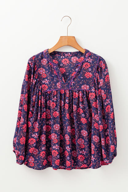 Paarse bloemen halve mouw splithals blouse top