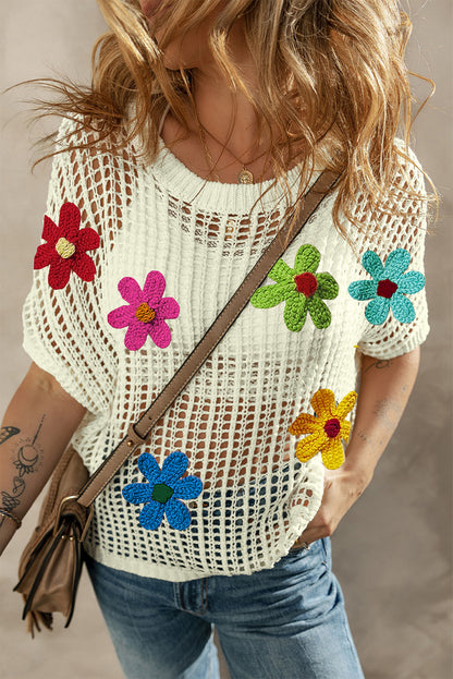 Witte gehaakte bloem uitgeholde trui T-shirt