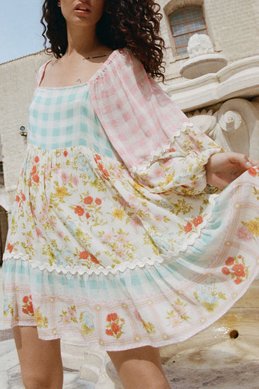 Roze Ric Rac Plaid Floral Print Patchwork Bubble Sleeve jurk