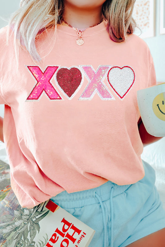 Roze pailletten hart xoxo patched grafic valentines t -shirt