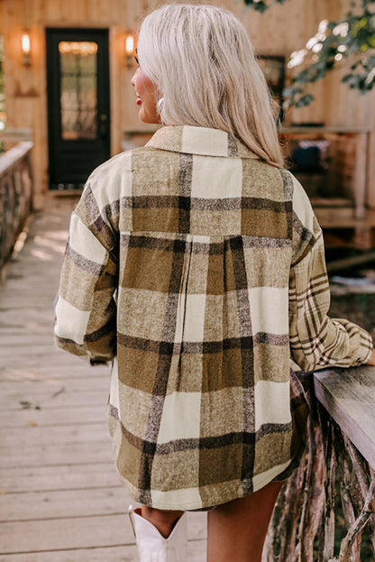 Perkament contrasterende geruite patchwork klepzak-shacket