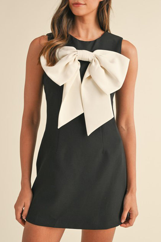 Zwart contrast Bowknot Applique Crew Neck Mouwloze mini -jurk