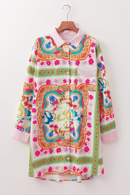 Multicolour boho bloemenprint geknoopte shirtjurk met lange mouwen