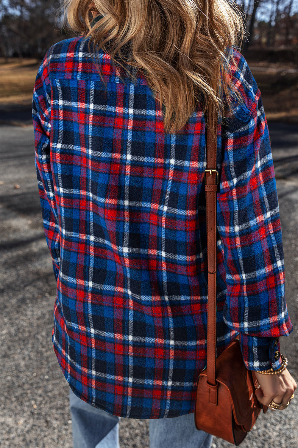 Marineblauwe plaid flap zak knop omhoog shacket