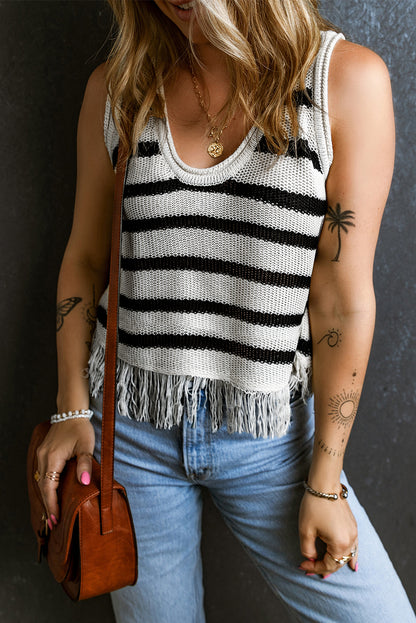 Beige gestreepte losgebreide tanktop met franjes