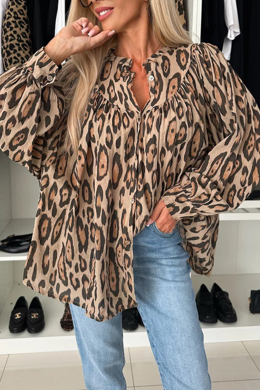 Licht Frans beige oversized luipaard print ballon mouw casual shirt