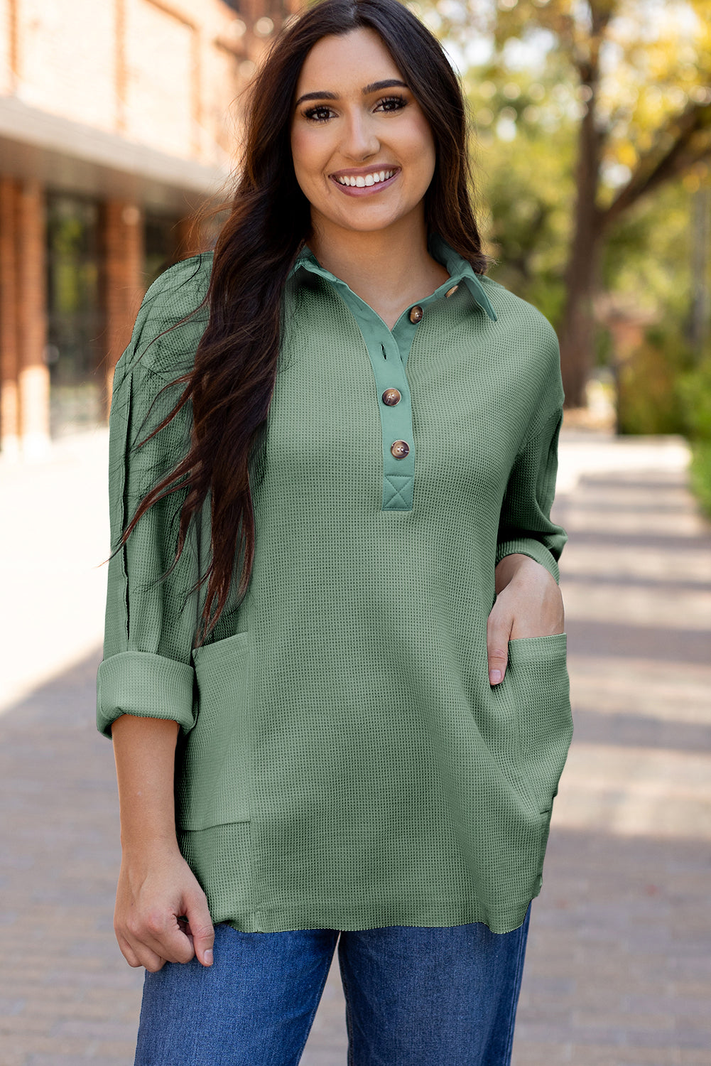 Jet Stream Waffle Long Sleeve Collar Half Button Loose Top