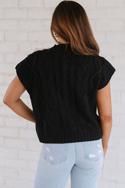Zwarte kabel gebreide kleurblok satijn bowknot short mouw trui