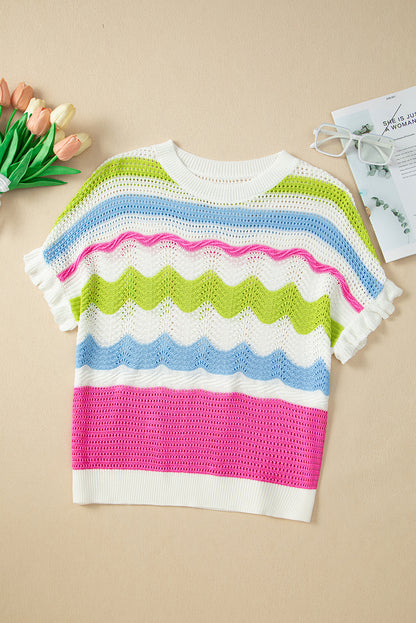Witte colorblock gehaakte trui met ruches en korte mouwen